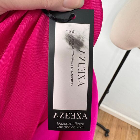 NWT AZEEZA Winston Raw Silk Mini Dress Ultra Pink High Low Party Size L - Picture 9 of 10